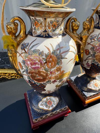 Pair of Porcelain Satsuma Style Table Lamps w Gold Accents on Wood Stands