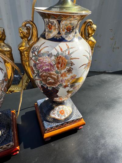 Pair of Porcelain Satsuma Style Table Lamps w Gold Accents on Wood Stands