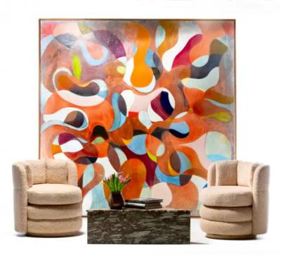 Pair of Post Modern Channeled Swivel Chairs in Blush Pink Boucl 