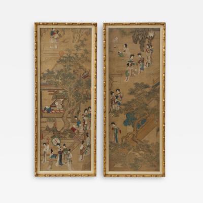 Pair of Qing Dynasty Temple Scene Wallpaper Panels