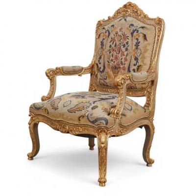 Pair of Quatrain for Dessin Fournir Louis XV Style Giltwood Fauteuils Arm Chairs