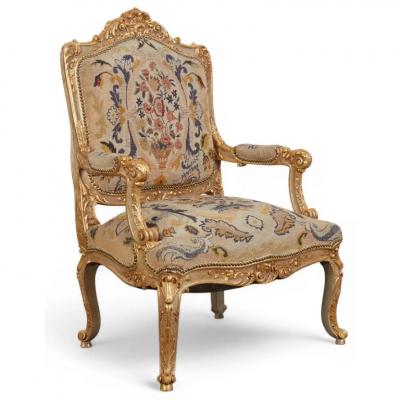 Pair of Quatrain for Dessin Fournir Louis XV Style Giltwood Fauteuils Arm Chairs