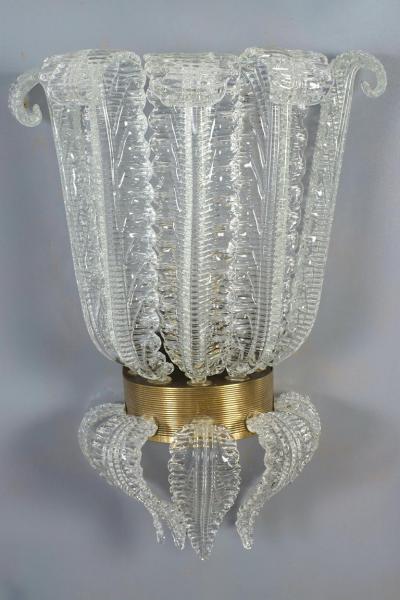 Pair of Rare Barovier Art Deco Brass Mounted Murano Glass Sconces 1940