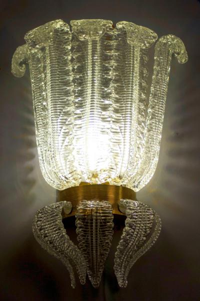 Pair of Rare Barovier Art Deco Brass Mounted Murano Glass Sconces 1940