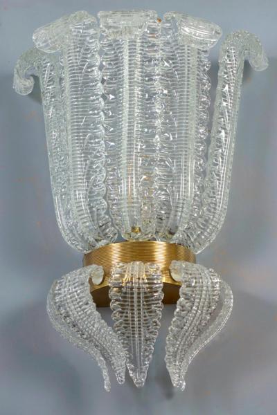 Pair of Rare Barovier Art Deco Brass Mounted Murano Glass Sconces 1940