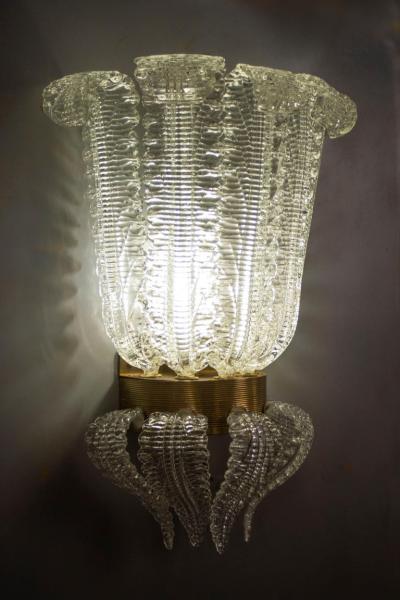 Pair of Rare Barovier Art Deco Brass Mounted Murano Glass Sconces 1940
