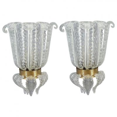 Pair of Rare Barovier Art Deco Brass Mounted Murano Glass Sconces 1940