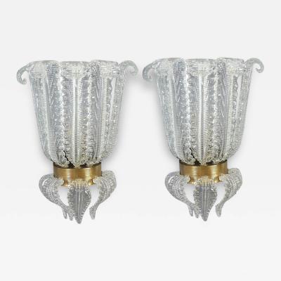Pair of Rare Barovier Art Deco Brass Mounted Murano Glass Sconces 1940