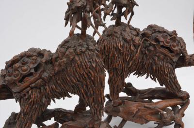 Pair of Rare Chinese Carved Wood Foo Dogs