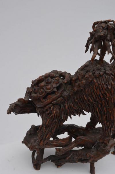 Pair of Rare Chinese Carved Wood Foo Dogs