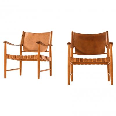 Pair of Rare Easy Chairs with Solid Beech Wood 1950s