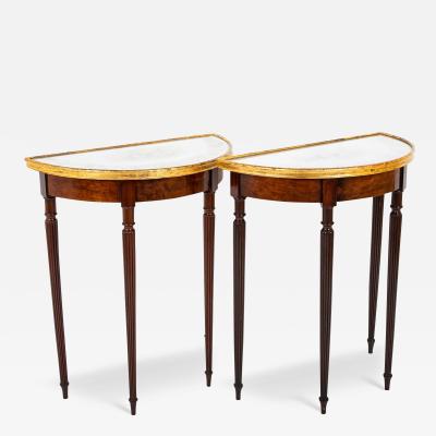 Pair of Rare Sheraton Mahogany Demilune Consoles with Shell Motif Painted Top