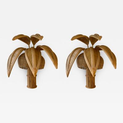 Pair of Rattan Palm Tree Sconces, France, 1980s