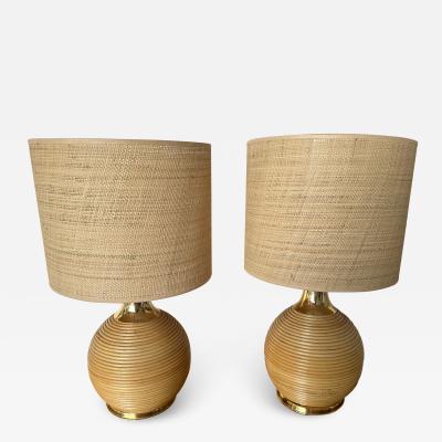 Pair of Rattan and Brass Lamps Italy 1970s