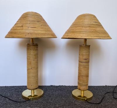 Pair of Rattan and Brass Lamps Italy 1980s