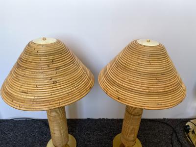 Pair of Rattan and Brass Lamps Italy 1980s