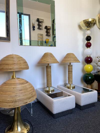 Pair of Rattan and Brass Lamps Italy 1980s