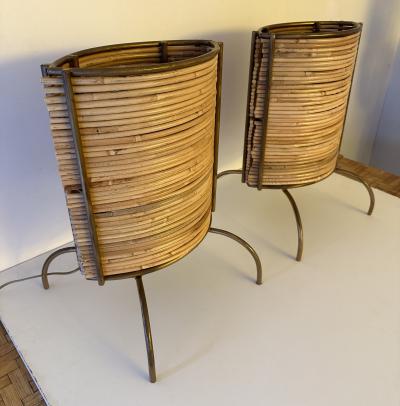 Pair of Rattan and Gilt Metal Lamps Italy 2000s