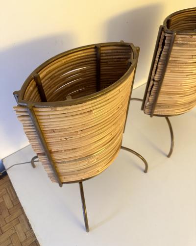Pair of Rattan and Gilt Metal Lamps Italy 2000s