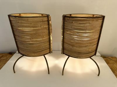 Pair of Rattan and Gilt Metal Lamps Italy 2000s