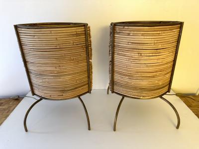 Pair of Rattan and Gilt Metal Lamps Italy 2000s