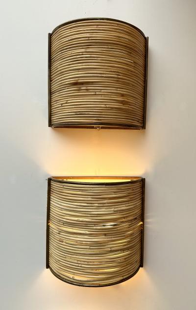 Pair of Rattan and Gilt Metal Sconces Italy 2000s