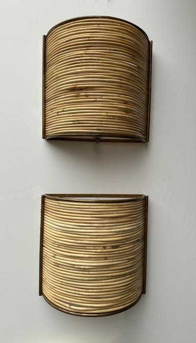 Pair of Rattan and Gilt Metal Sconces Italy 2000s