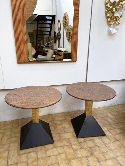 Pair of Red Granite and Brass Side Tables Italy 1980s