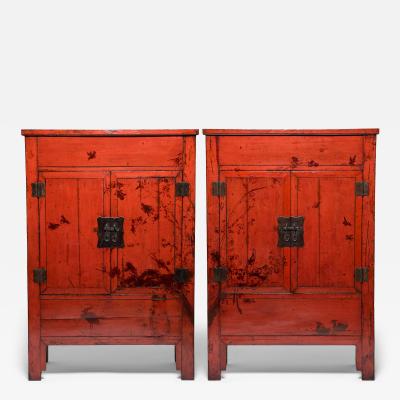 Pair of Red Lacquer Cabinets with Birds in Flight