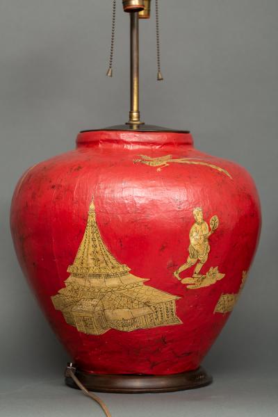 Pair of Red Papier m ch Chinoiserie Decorated Lamps