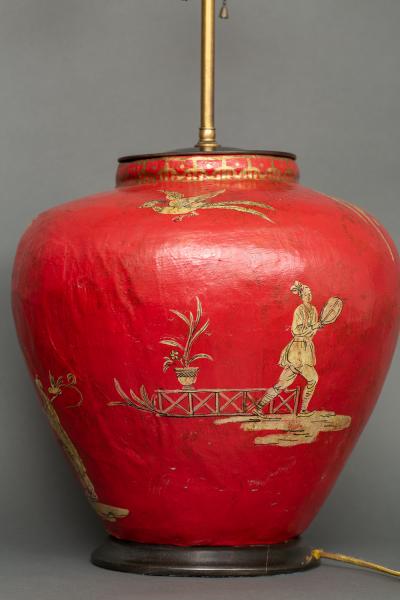 Pair of Red Papier m ch Chinoiserie Decorated Lamps