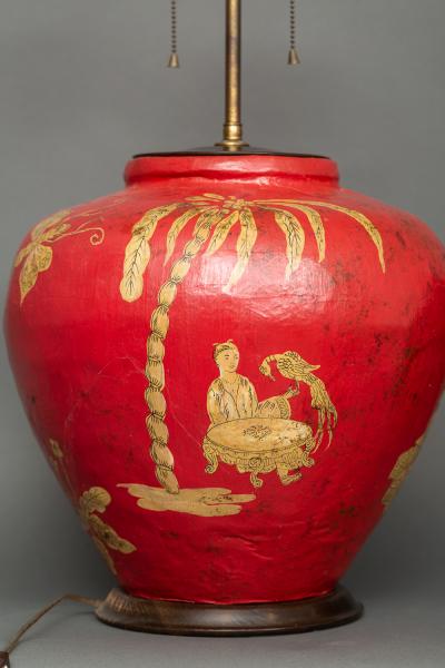Pair of Red Papier m ch Chinoiserie Decorated Lamps