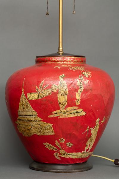 Pair of Red Papier m ch Chinoiserie Decorated Lamps