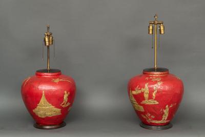 Pair of Red Papier m ch Chinoiserie Decorated Lamps