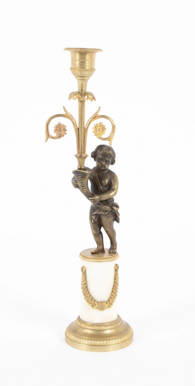 Pair of Regency Bronze Marble Classical Putti Candlesticks