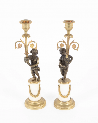Pair of Regency Bronze Marble Classical Putti Candlesticks