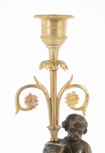 Pair of Regency Bronze Marble Classical Putti Candlesticks