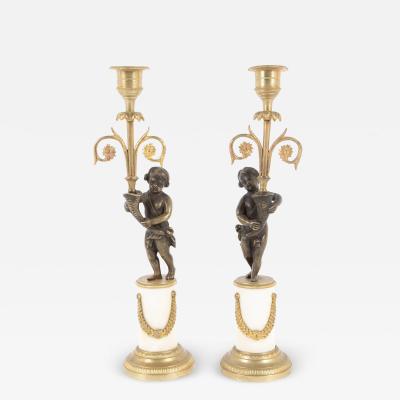 Pair of Regency Bronze Marble Classical Putti Candlesticks