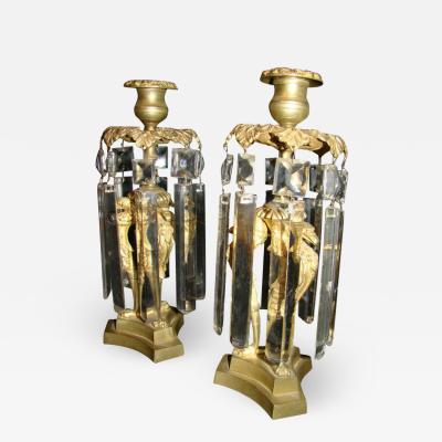 Pair of Regency Bronze and Crystal Candlesticks