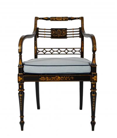 Pair of Regency Ebonized Caned Seat Armchairs