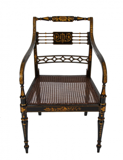 Pair of Regency Ebonized Caned Seat Armchairs