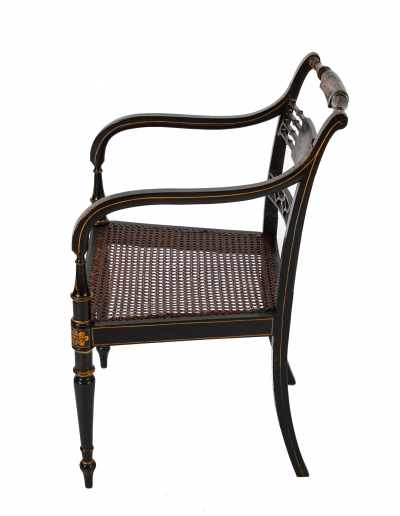 Pair of Regency Ebonized Caned Seat Armchairs