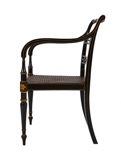 Pair of Regency Ebonized Caned Seat Armchairs
