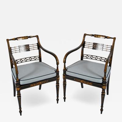 Pair of Regency Ebonized Caned Seat Armchairs