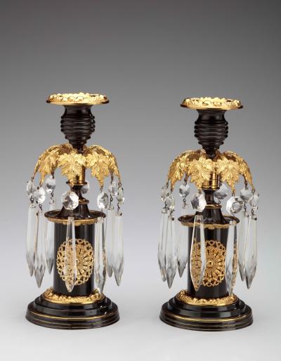 Pair of Regency Lacquered Brass Candlesticks with Glass Prisms