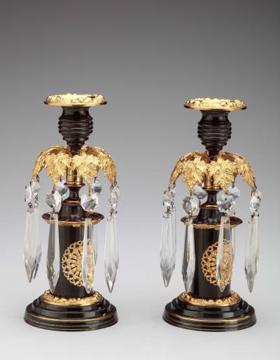 Pair of Regency Lacquered Brass Candlesticks with Glass Prisms