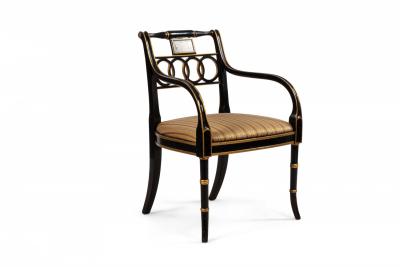 Pair of Regency Style Gilt Lacquer Ring Back Armchairs with Gold Seats