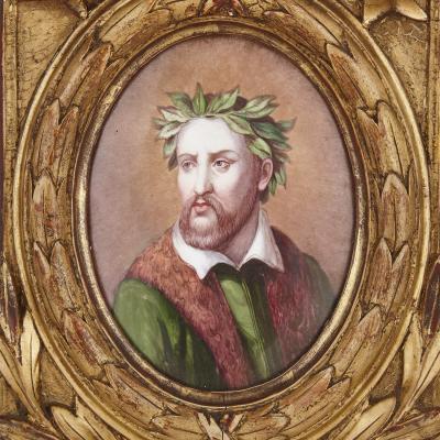 Pair of Renaissance style enamel plaques in giltwood frames