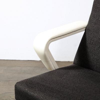 Pair of Repose Chairs in White Leather Enameled Steel Charcoal Upholstery