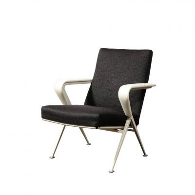 Pair of Repose Chairs in White Leather Enameled Steel Charcoal Upholstery